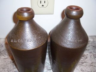 Antique Stoneware Bottles Signed E.  L Capen Brown Slip Glaze Pottery Beer Soda NR 2