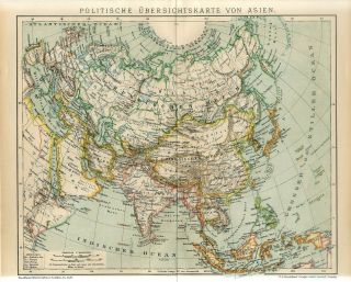 1895 Asia Political Map China Japan Russia Siberia India Siam Burma Antique Map