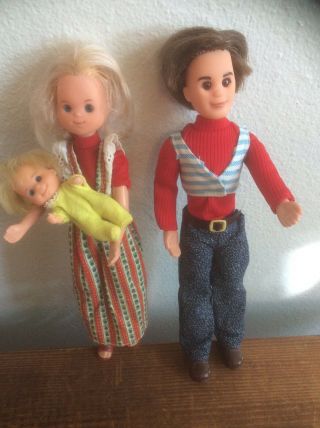 Vintage 1973 Mattel Sunshine Family 3 Dolls Steve With Vest Stephie Baby Sweets