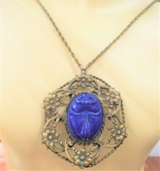 Large Antique Egyptian Revival Glass Scarab Beetle Necklace Pendant Brooch Pin