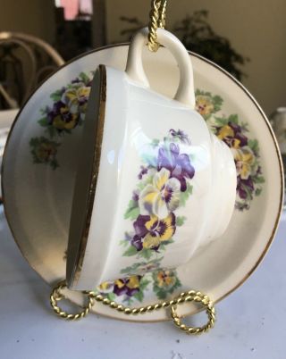Vintage Tea Cup And Saucer White With Pansy Flowers Trim With Gold