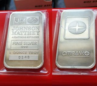 Vintage Johnson Matthey " Citibank " - 1 Troy Oz.  999 Fine Silver Bar 0148 - Rare