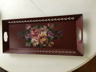 Vintage Tole Tray Hand - Painted Flowers Metal 21x9”