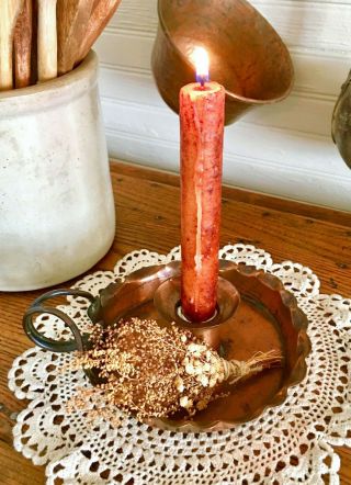 Antique Copper Chamber Stick / Primitive Farmhouse Candle Stick Holder 1800 