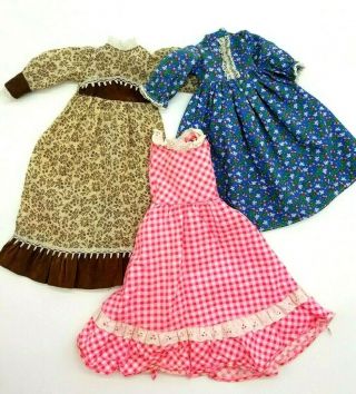 Vintage Large Doll Dresses 11 - 13 " Long Handmade W/floral Patterns And Snaps