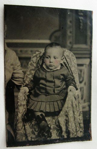 Antique Tintype Photo Cute Little Baby With Hidden Mother Off To The Left Side