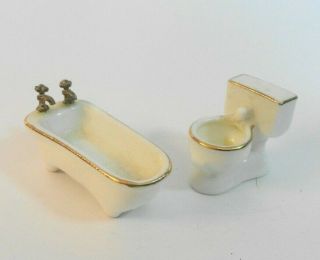 1:24 Scale Miniature Dollhouse Porcelain Bathroom Gold Trimmed Bathtub & Toilet