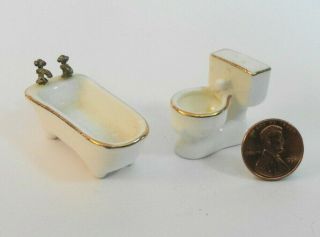 1:24 scale Miniature Dollhouse porcelain Bathroom gold trimmed Bathtub & Toilet 2