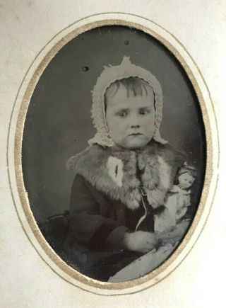 Rare 1/6 Plate Tintype - Girl Posed In A Cute Outfit & Holding A Queen Anne Doll