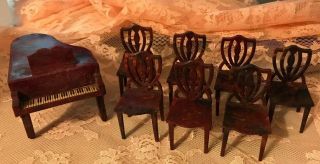 Vtg 40s - 50s Dollhouse Doll House Plastic Piano,  7 Dining Room Chairs Brown Swirl