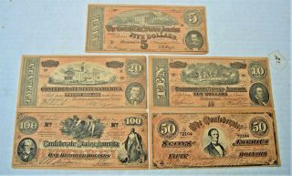 Vintage Antique Set Facsimili Confederate Money 100,  50,  20,  10,  5 Bills From 1950 