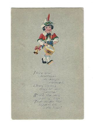Old Vintage Antique Postcard Card Christmas Greeting Drummer Boy Toys Gifts Poem