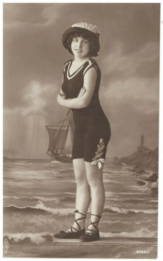 Antique Pfb Postcard Real Photo Young Girl Bathing Beauty Sexy Swim Suit