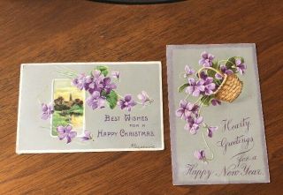 2 Antique Postcard Lilac Flowers Happy Year Christmas Davidson Bros