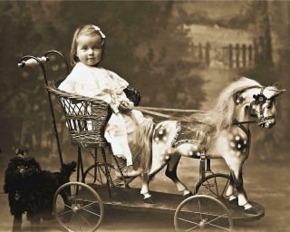 Antique Photo Little Girl On Wooden Horse Toy Victorian Era Photo Print 8x10
