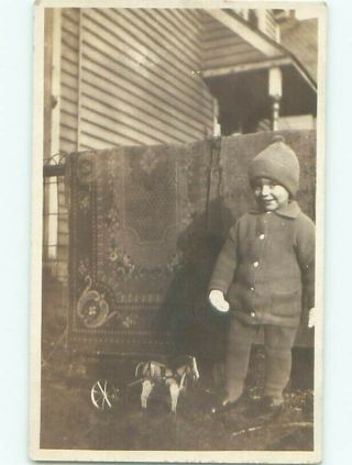 Rppc Pre - 1930 Antique Horse Pull Toy Beside Boy Ac7852