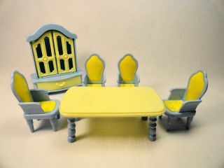 Dollhouse Miniature Dining Room Set Yellow China Cabinet Long Table & 4 Chairs