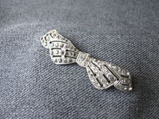Antique Art Deco Estate Clear Rhinestones Silvered Metal Bow Shaped Pin