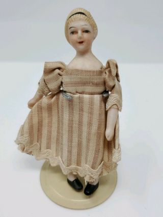 3 1/2 " Vintage Girl Dollhouse Bisque Porcelain Doll Cloth Body