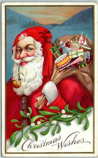 Red Robe Santa Claus With Pipe & Sack Of Toys Antique Christmas Postcard - K862