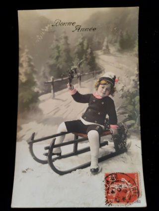 Cute Christmas Antique Bonnie Annee Vintage French Postcard Little Girl On Sled