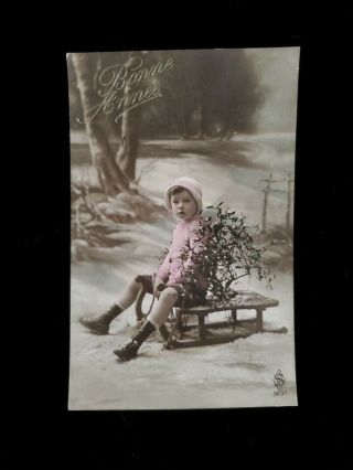 Cute Christmas Antique Bonnie Annee Vintage French Postcard Boy On Sled Tree