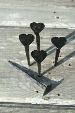 Set Of 5 Hand Made Wrought Iron Large Shaker Heart Nails Coat Peg Barn Hangers