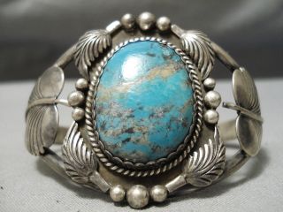 Huge Rare Vintage Navajo Domed 8 Turquoise Sterling Silver Leaf Brace;et - 60 