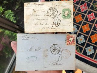 2 Rare 1865 & 1866 Portugal Postal Cover To France Each W/ Surcharge