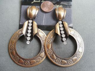 Vintage Nos Pr 3 1/2 " Antiqued Bronze Tone Hoop Heart Jeweled Pcd Earrings D29