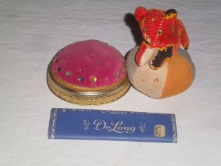 Antique Figural Bear Pin Cushion| Delong Brass Silk Pins | Mason Jar Pin Cushion