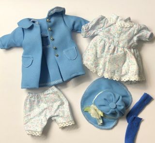 Vintage Small Doll Dress Clothes Blue Coat Bonnet Socks Fits 8 - 9” Dolls
