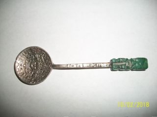 1930s - 1940s Mexican Aztec Calendar Souvenir Spoon Sterling Silver And Green Jade