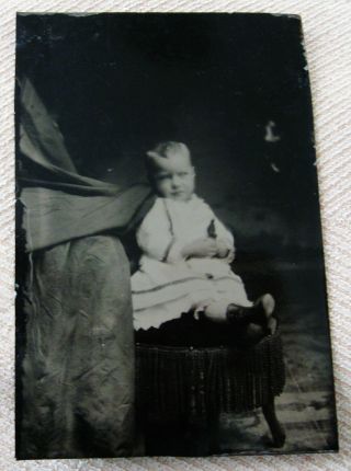 Antique Tintype Photo Cute Little Baby With The Hidden Mother Off To The Left