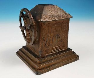 Rare 1930s Metal Penny Bank Building Windmill Mechanical France Game Of Chance