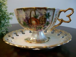 Vintage Luster Reticulated Footed Tea Cup & Saucer Set " Fruit Basket " Gold Trim