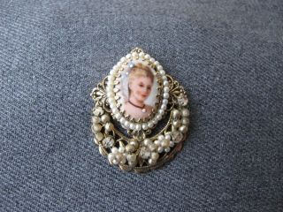 Vintage Limoges Porcelain Woman Portrait Faux Pearls Rhinestones Filigree Bead
