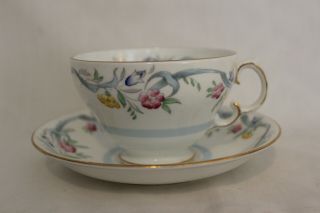 Adderley Bone China England Teacup And Saucer Flowers,  Gold,  W/blue Ribbon