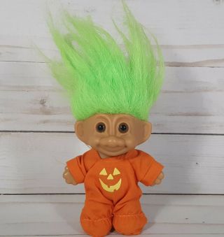 Vintage Russ Troll Doll Halloween Pumpkin Jack O Lantern Suit 6in Green Hair 90s