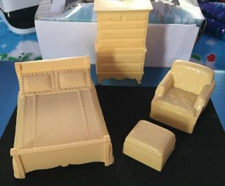 Vintage Doll House Furniture Cream Bed,  Chair,  Ottoman,  And Chest Of Drawers Mar