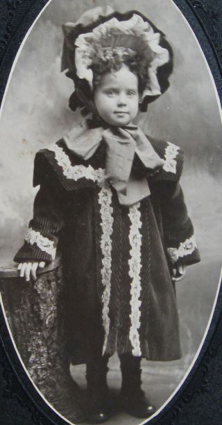Antique Cabinet Photo Darling Little Girl Wearing A Fancy Coat & Frilly Bonnet