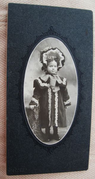 ANTIQUE CABINET PHOTO DARLING LITTLE GIRL WEARING A FANCY COAT & FRILLY BONNET 2