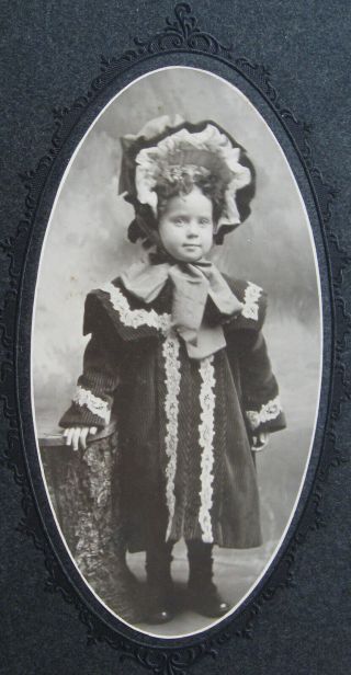 ANTIQUE CABINET PHOTO DARLING LITTLE GIRL WEARING A FANCY COAT & FRILLY BONNET 3