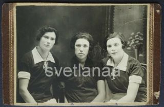 May 25 1930 Soviet Youth Three Young Women Lovely Girls Short Hair Antique Photo