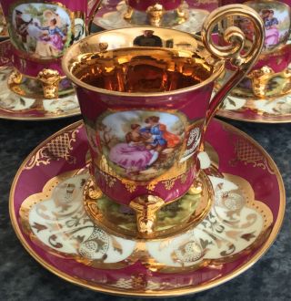 RARE SET of 6 vintage JKW porcelain MILLSON fragonard 4 FOOTED CUP & SAUCER DUO 3