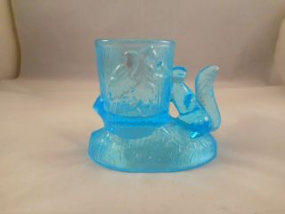 Wonderful Vintage Or Antique Blue Glass Figural Toothpick Holder,  Squirrel,  Oak