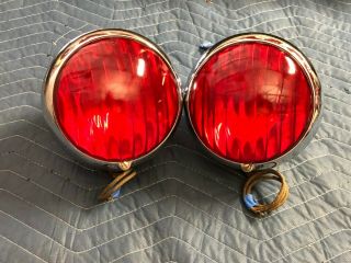 Rare Pair Early Red Yankee Fog Warning Lamps Lights Glass Lens Car Truck Old