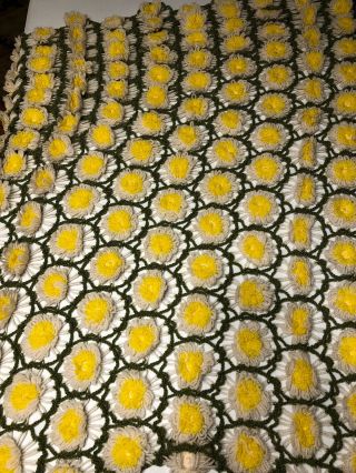 VTG DAISY AFGHAN 73 x 42 Hand Made Throw Blanket Crochet Hippie Flower Yellow 2
