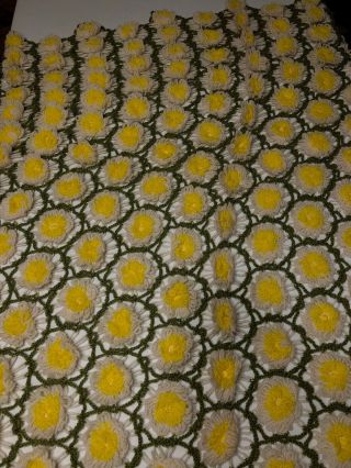 VTG DAISY AFGHAN 73 x 42 Hand Made Throw Blanket Crochet Hippie Flower Yellow 3