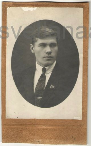 1920s Soviet Youth Handsome Young Man Guy Boy Military Badge Pin Antique Photo